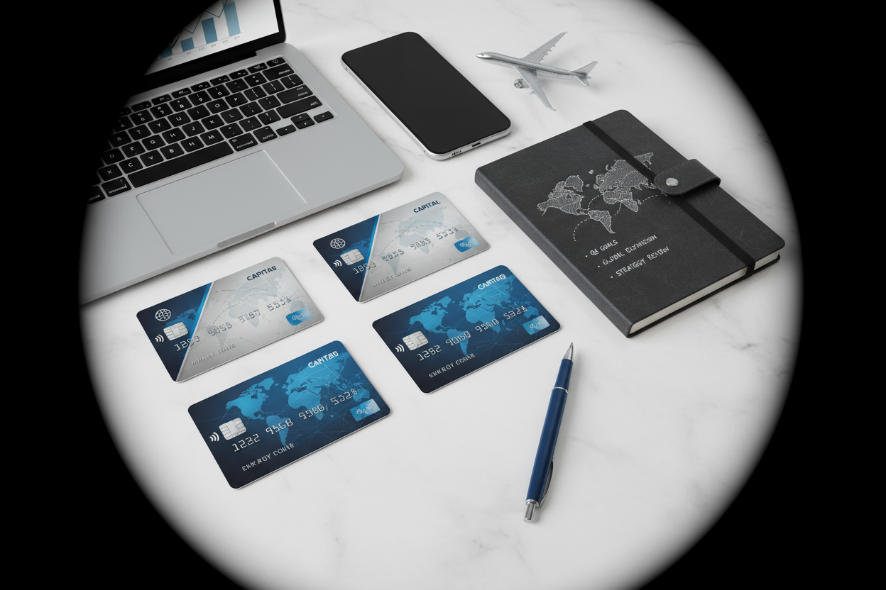 Flat lay of business credit cards beside a laptop and notebook, representing earning rewards from everyday expenses.