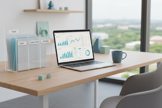 Organized financial workspace with digital dashboards representing the key financial systems service businesses must keep in place.