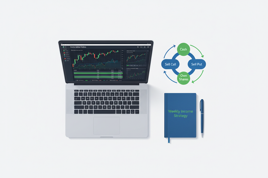 Laptop showing options trading screen with a circular Wheel Strategy diagram illustrating cash-secured puts and covered calls.