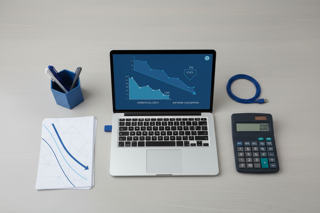 Modern business desk with financial charts and calculator representing cost-cutting strategies for service-based businesses.