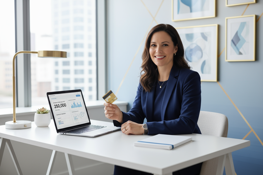 Small business owner reviewing credit card rewards on a laptop to earn cashback and travel points efficiently.