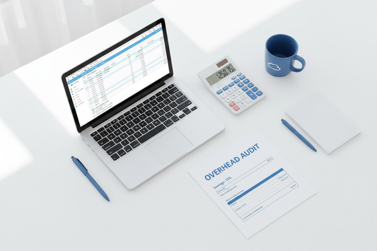 “Flat-lay of laptop and expense report showing hidden business overhead costs being analyzed.”