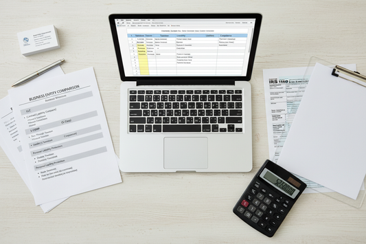 Documents comparing sole prop, LLC, S-corp, and C-corp tax structures.