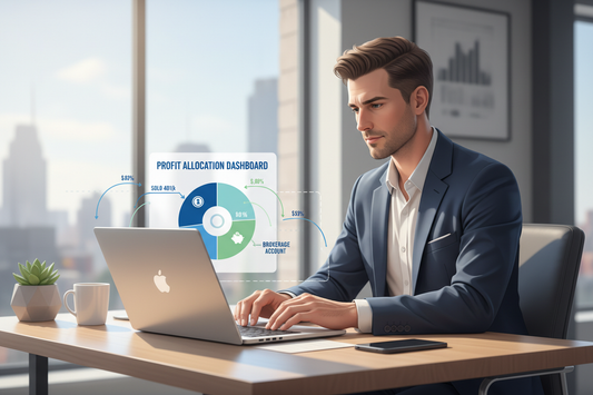 Business owner reviewing a profit allocation dashboard showing Solo 401(k), Roth IRA, and brokerage account investment options.