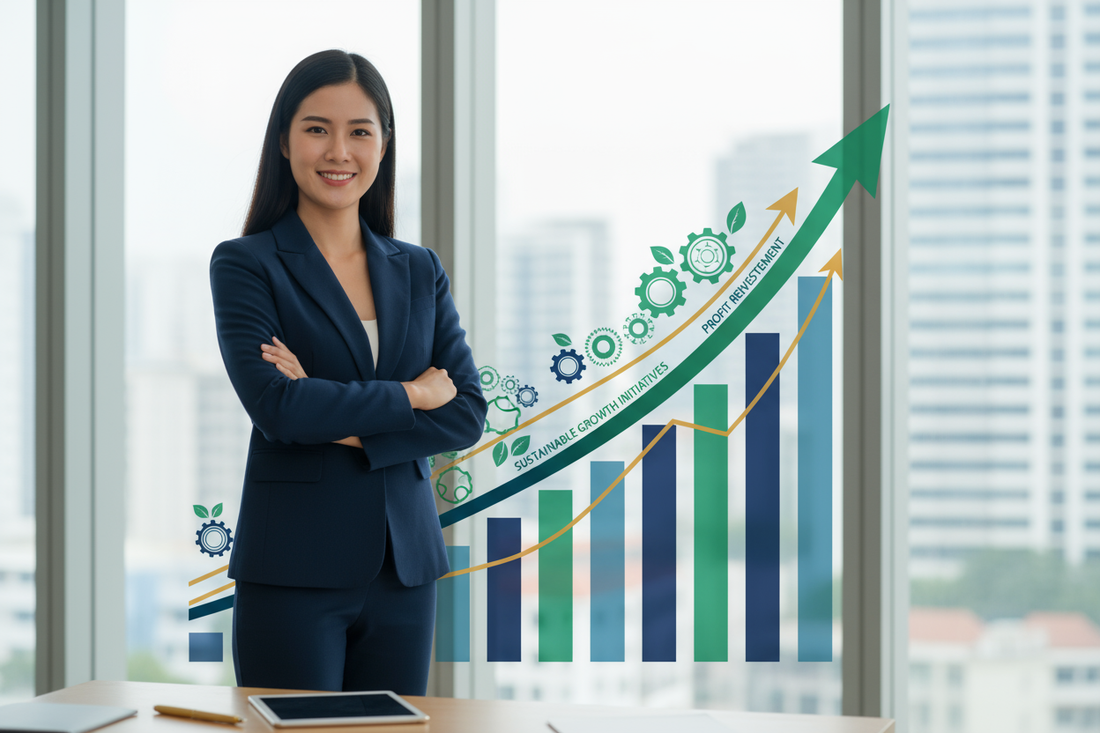 Entrepreneur standing confidently in front of growth charts representing smart profit reinvestment for business expansion.