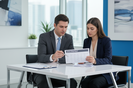 Tax advisor and business owner reviewing entity structure and 2025 tax strategy documents.