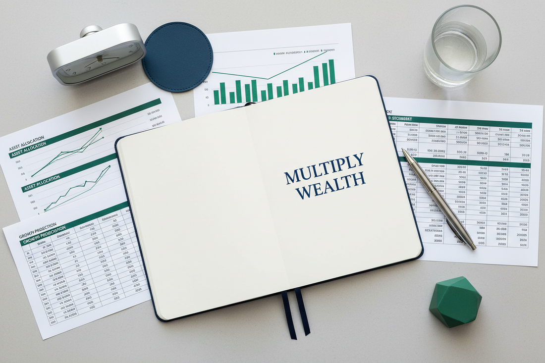 Flat-lay of retirement statements and growth charts showing how tax-advantaged accounts multiply business wealth.