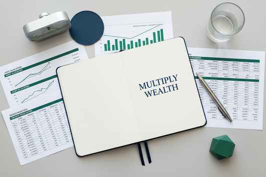 Flat-lay of retirement statements and growth charts showing how tax-advantaged accounts multiply business wealth.