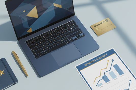 “Flat-lay of laptop and business credit card representing smart business rewards strategy for service-based firms.”