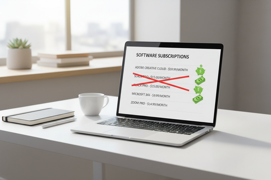 Software subscription list with crossed-out expenses indicating savings.