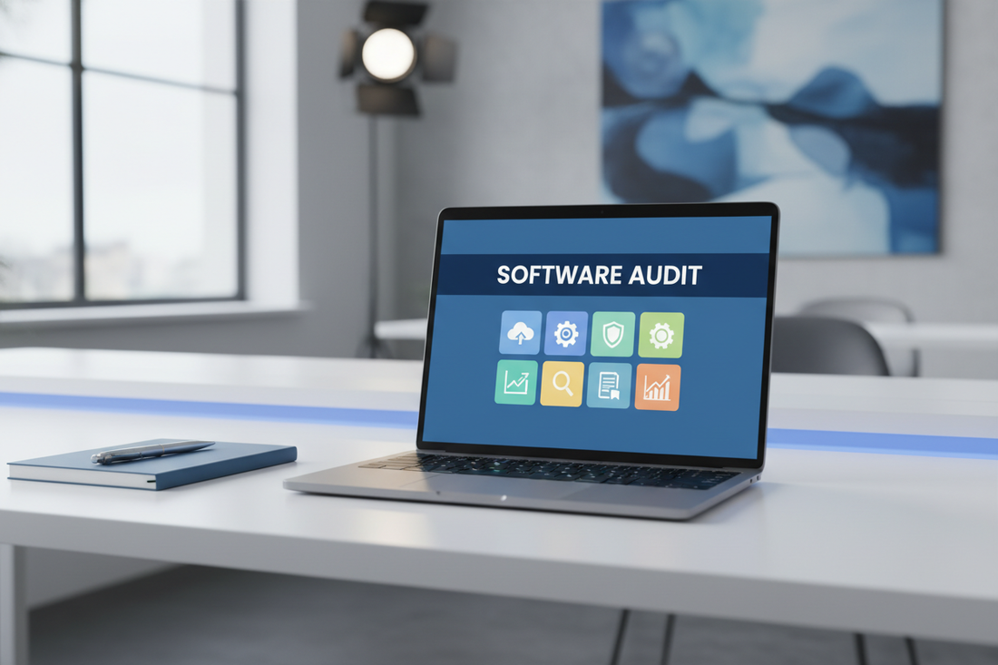 Workspace showing software tools being reviewed for cost reduction.
