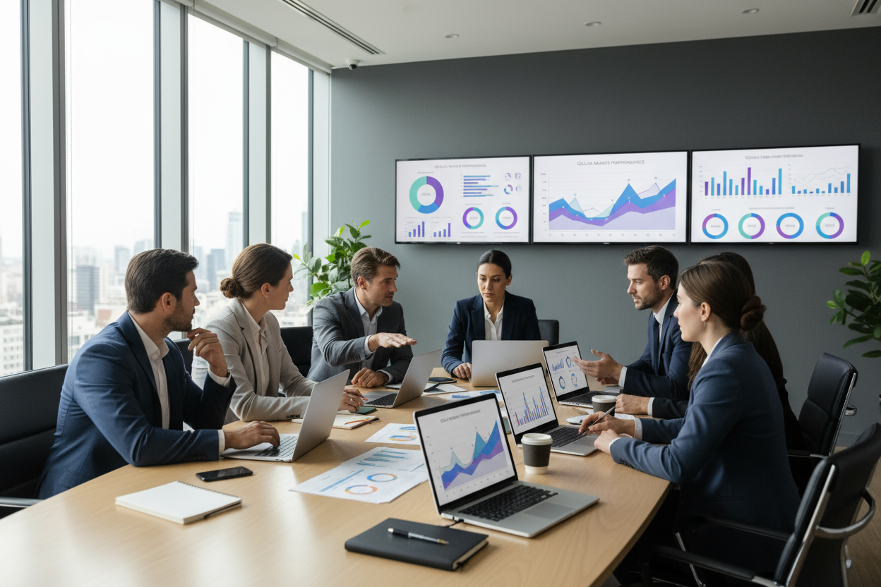 A finance team in a meeting with various charts and laptops with financial dashboards