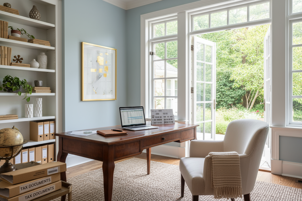 Bright home office with sunlight and laptop on a tidy desk, representing the Augusta Rule home rental tax strategy.