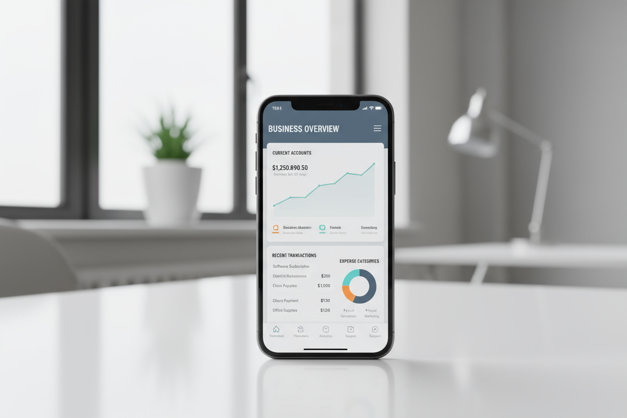 Smartphone and laptop displaying digital banking dashboard on a minimalist desk, representing streamlined business banking.