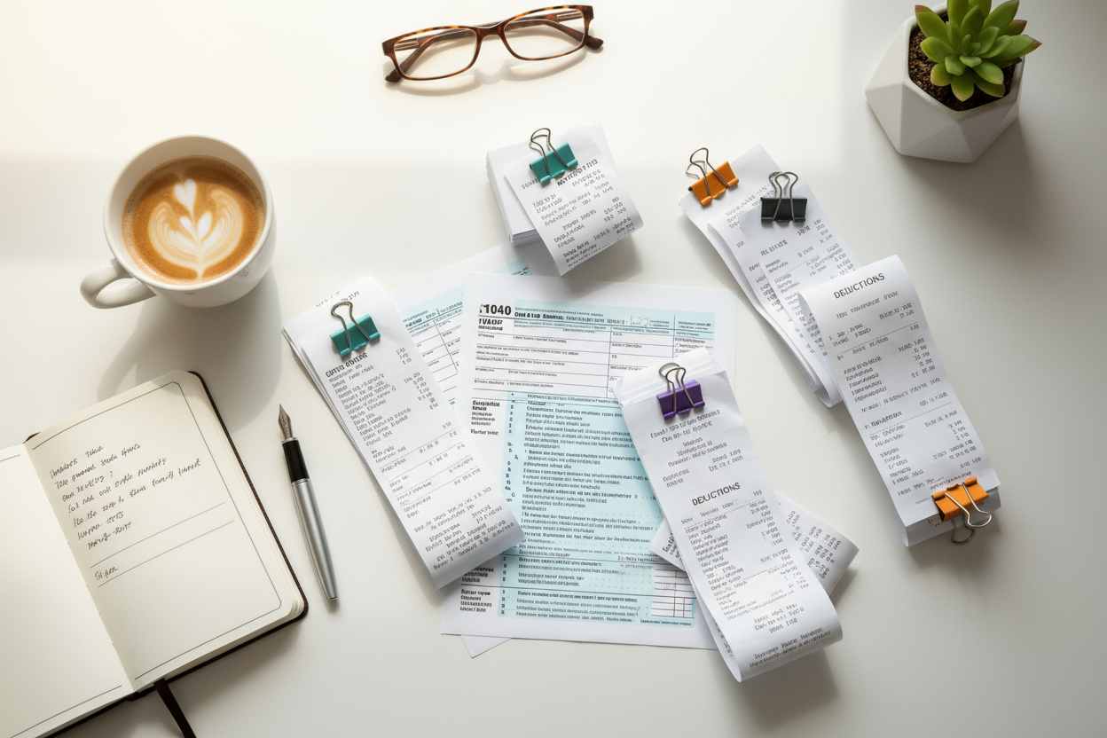 Tax documents and calculator arranged neatly on a desk, symbolizing business tax deduction strategies and savings.