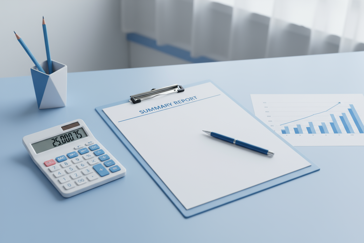 Clipboard with a profit summary and calculator on a clean desk, symbolizing fast business insights and hidden profit opportunities.