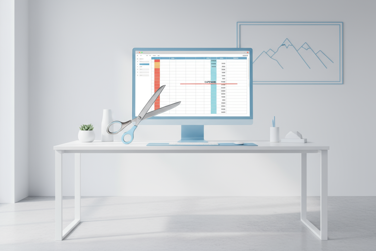 Laptop with financial spreadsheet and scissors nearby, representing cutting business expenses and increasing profitability.