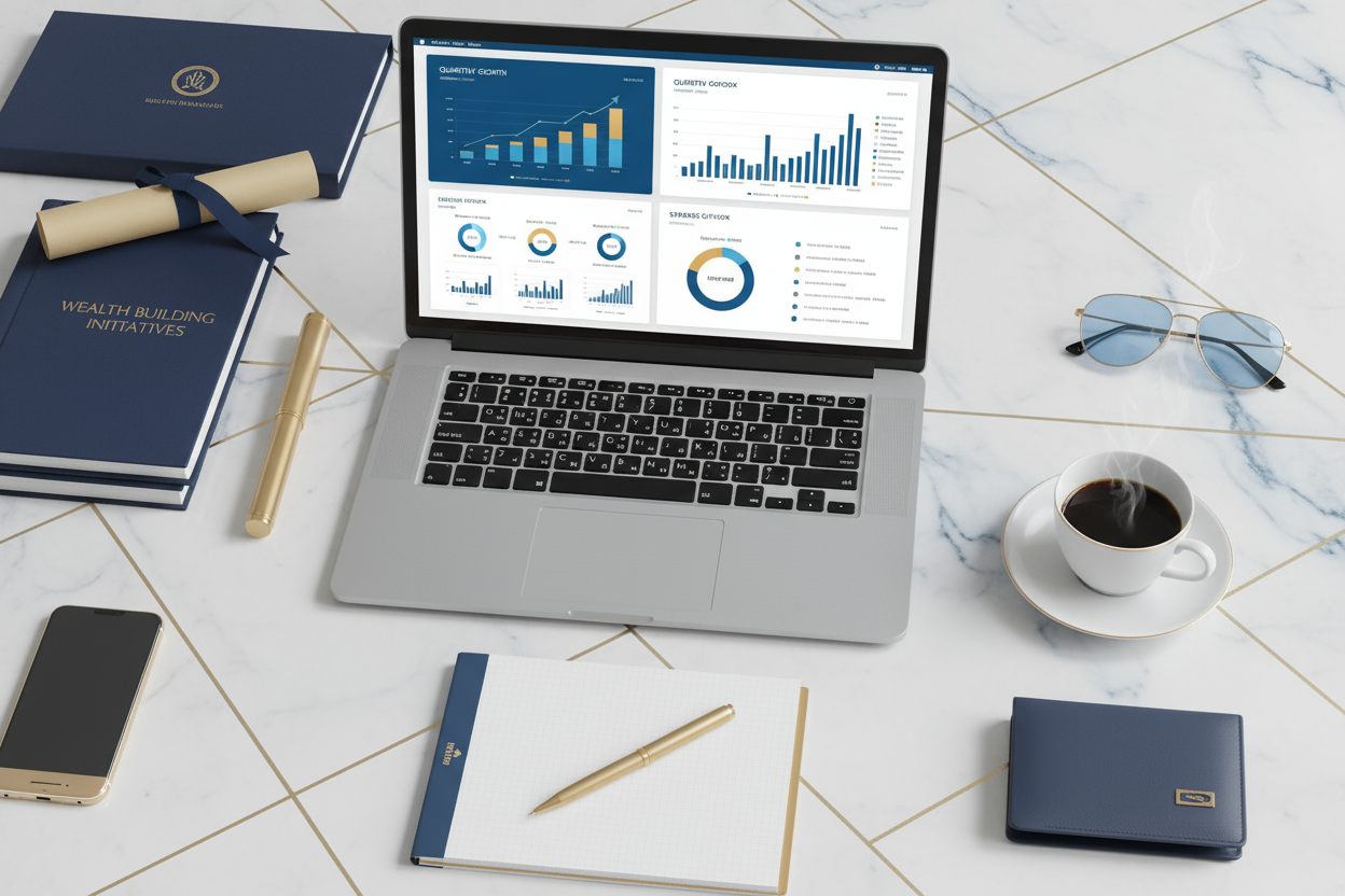 Laptop on a clean desk with charts and graphs symbolizing business profit strategy and long-term wealth growth.