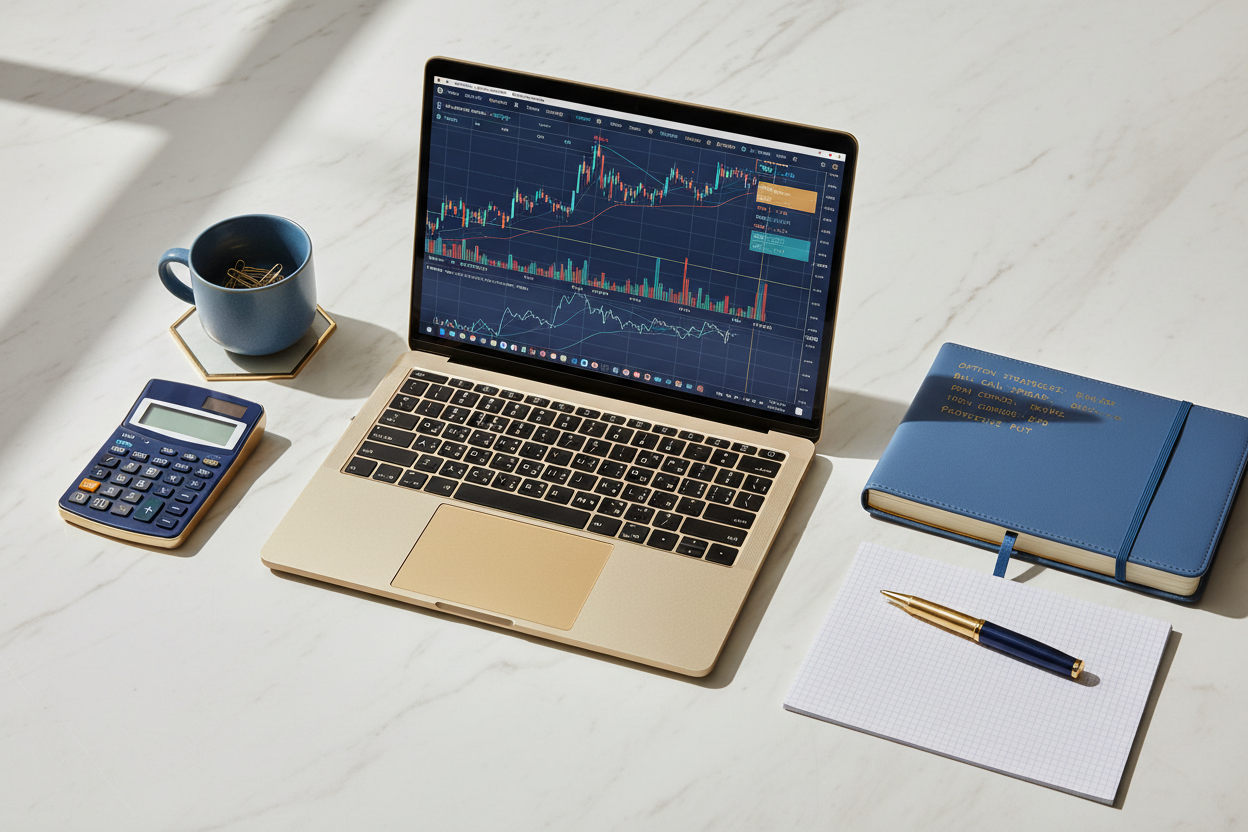 Professional desk setup with charts and notebooks representing high-end options trading coaching program.