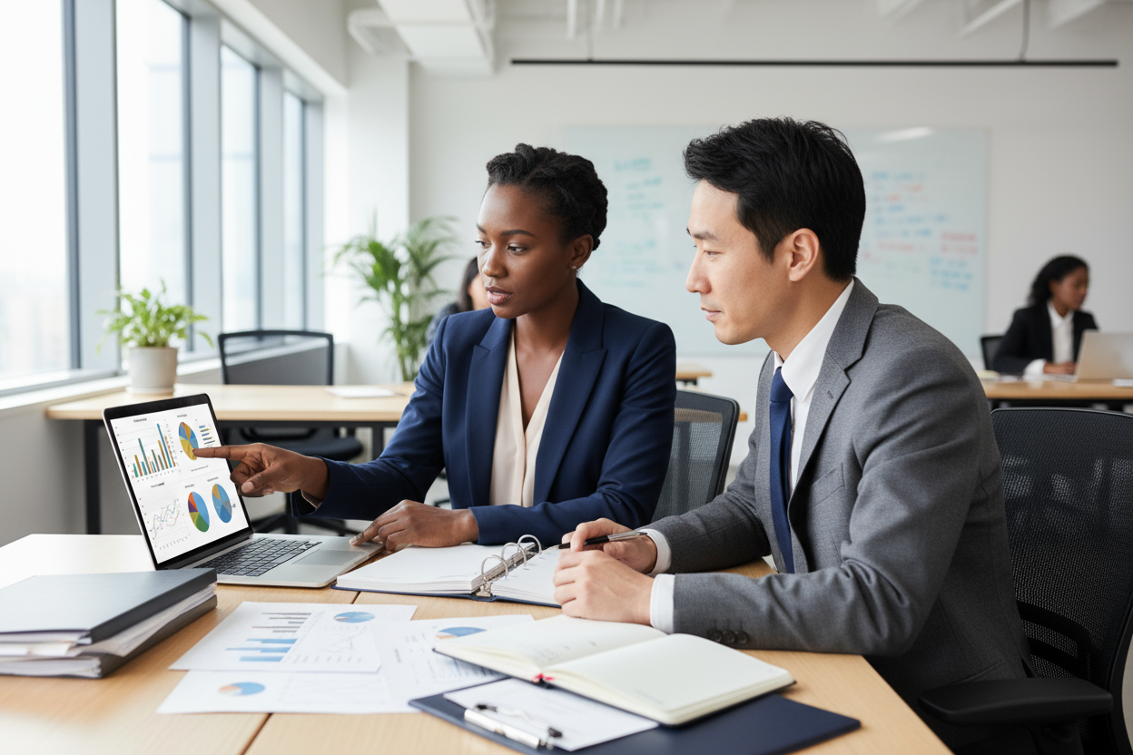 Professional workspace or financial planning photo with two employees discussing