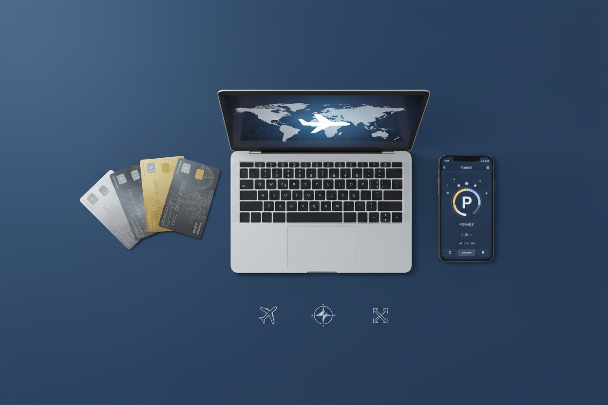 Flat lay of business credit cards next to a laptop and phone, representing earning rewards from everyday business expenses.